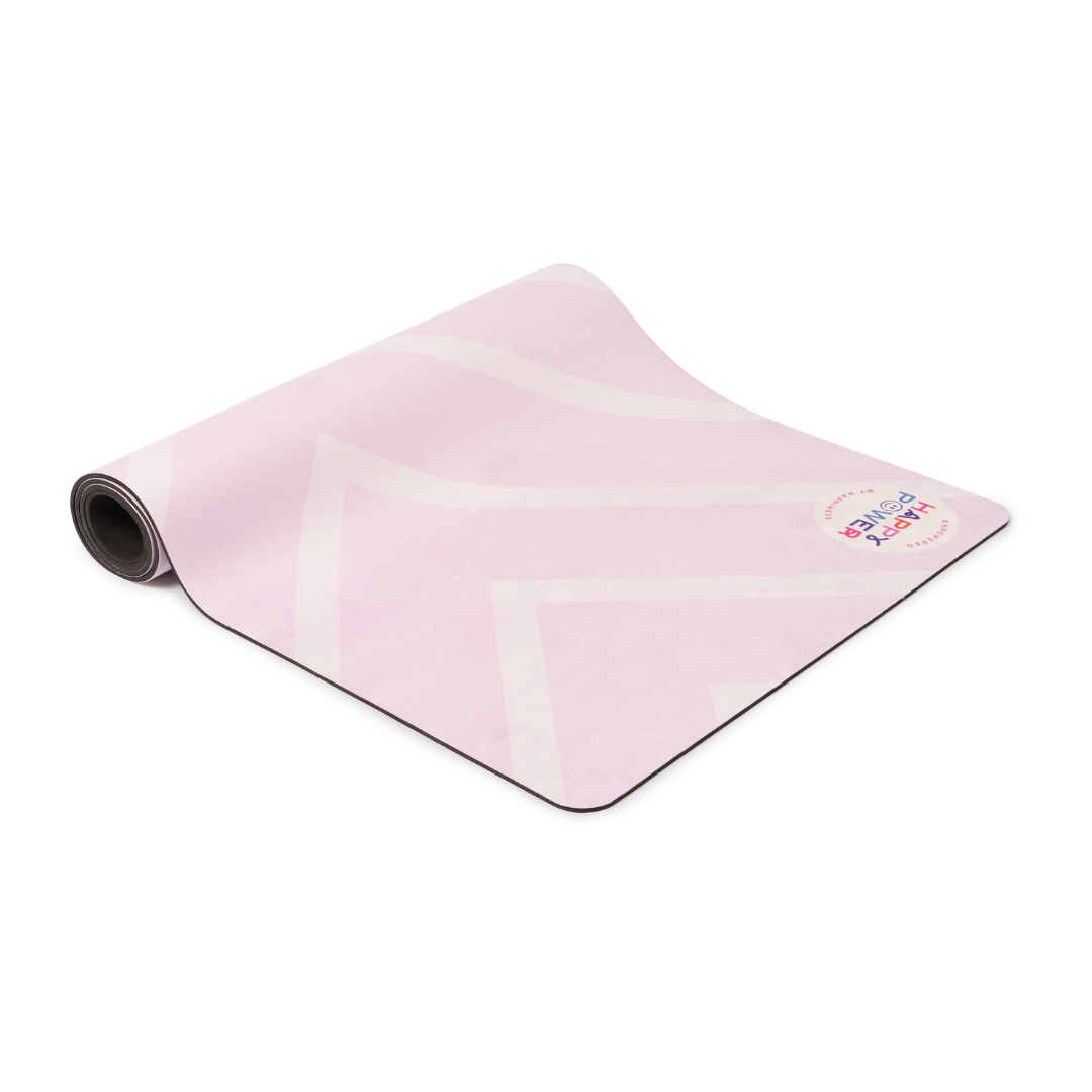 Eco friendly exercise and yoga mat Pale pink design with alternating parallel lighter pink lines. This mat can be used for workouts, yoga, pilates, stretching, meditation and more.
