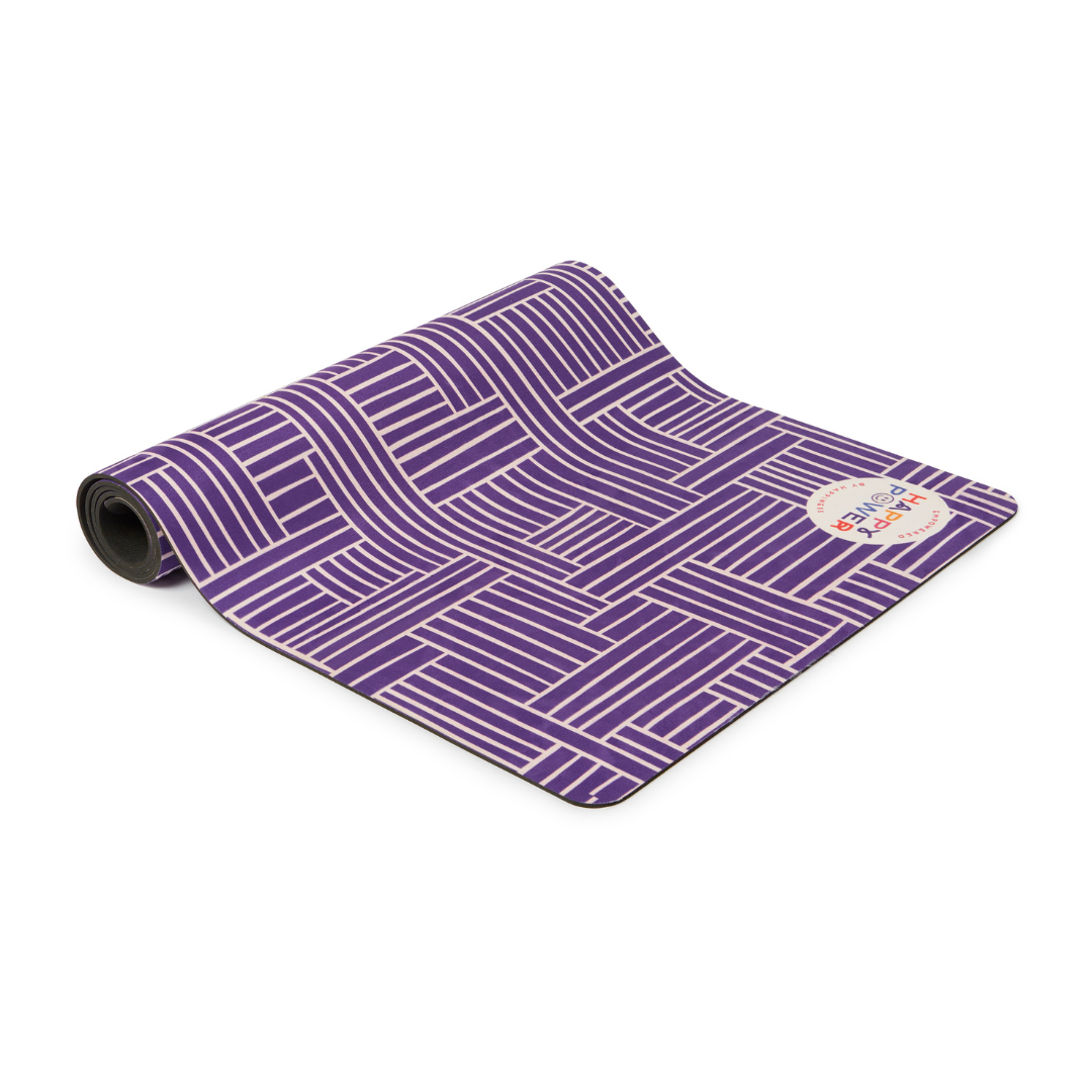 Eco friendly exercise and yoga mat with vegan suede top and natural rubber base featuring Purple background with white lines and three (3) small hearts on the bottom corner. This mat can be used for workouts, yoga, pilates, stretching, meditation and more.
