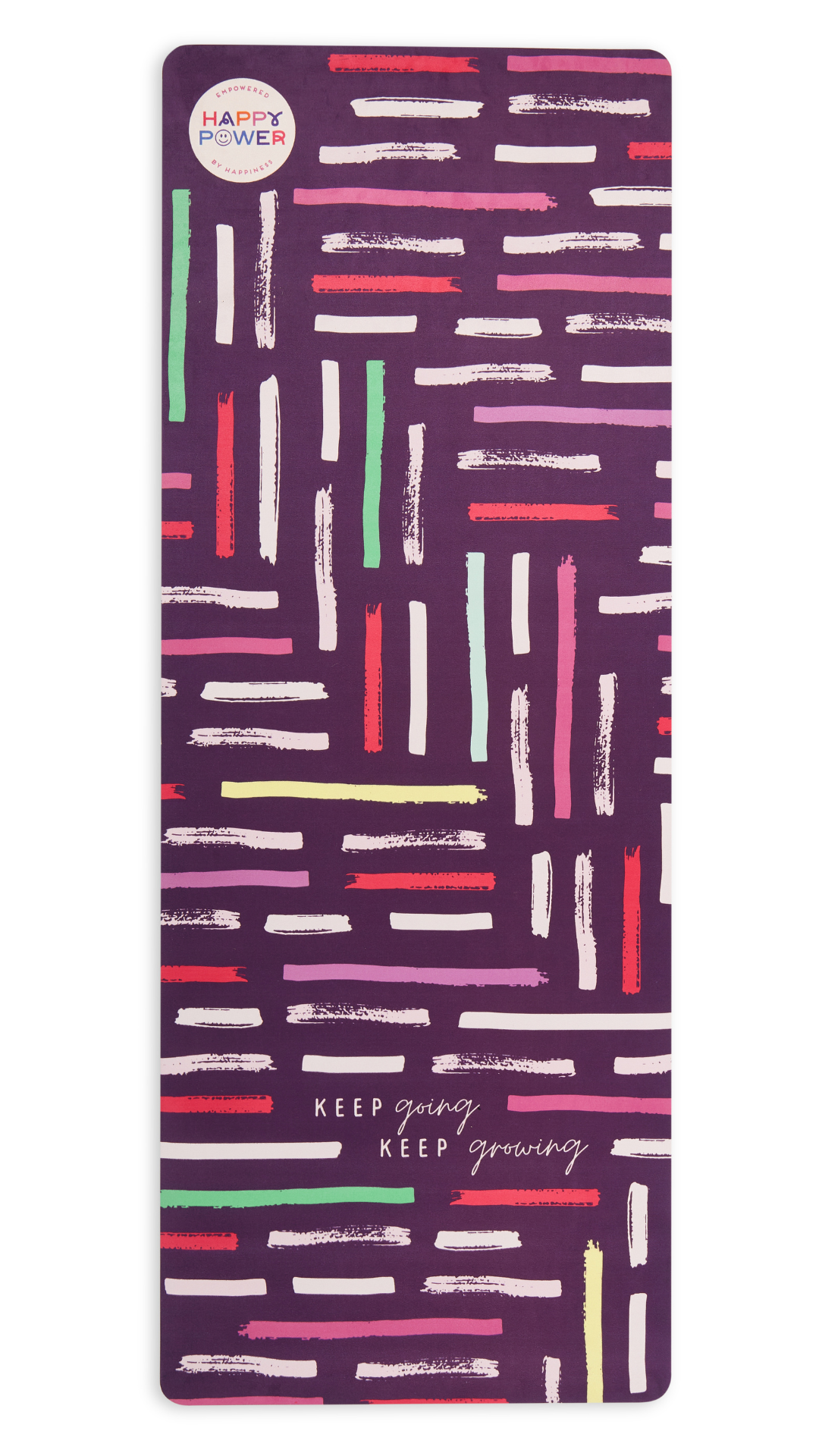 Eco friendly yoga and exercise mat with dark purple mat with scattered coloured stripes. Text reads 'keep going keep growing'.