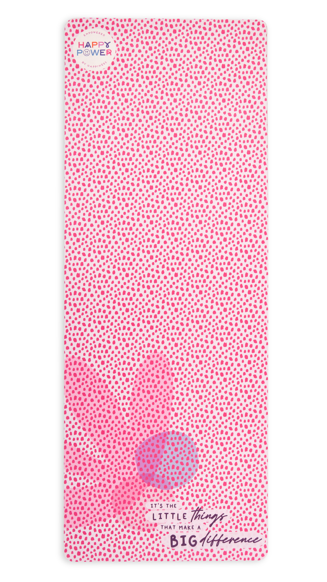 Eco friendly non slip yoga and exercise mat, featuring bright pink dots on a pale pink background with a blue spot, a pink spot and pink petals. Text reads "it's the little things that make a big difference"