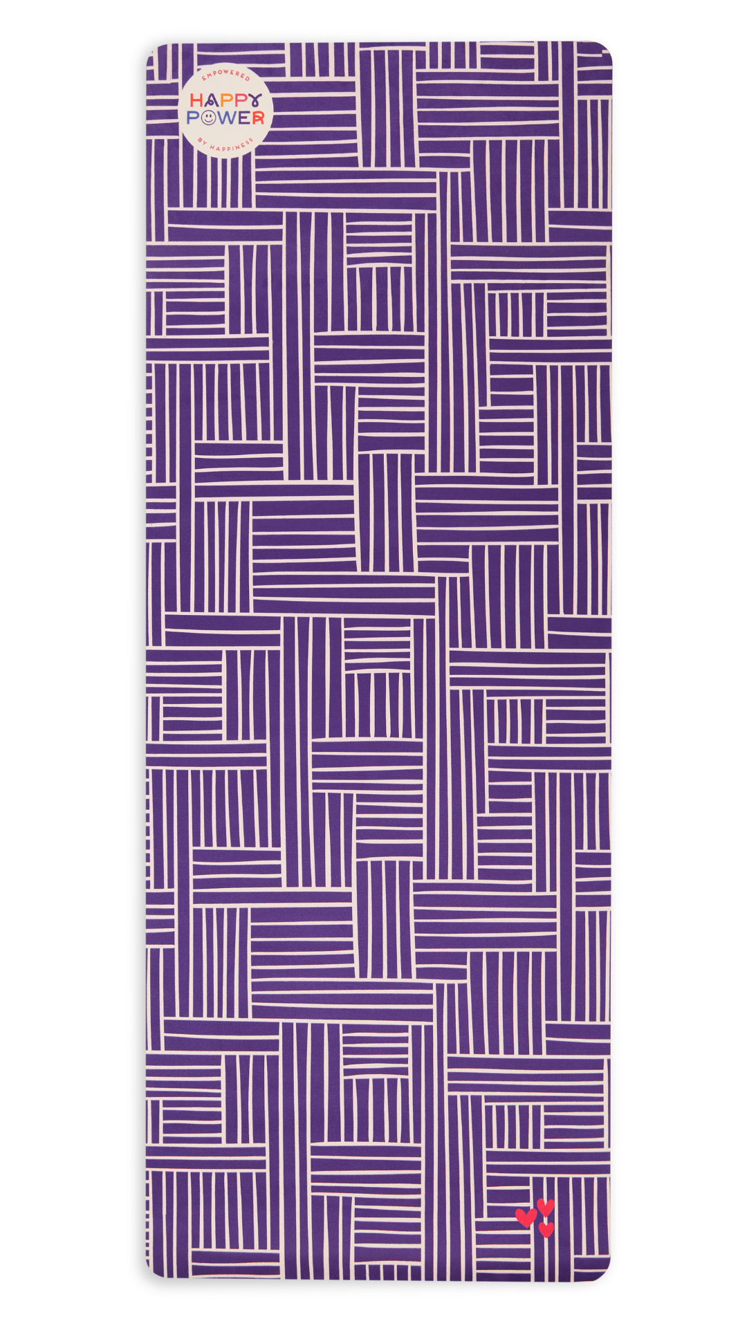 Eco friendly yoga and exercise mat featuring Purple background with white lines and three (3) small hearts on the bottom corner.