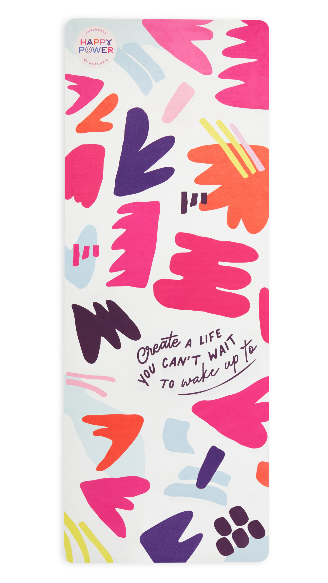 Eco friendly yoga and exercise mat featuring bold pink, orange, blue and yellow design on a white background.  Text reads 'Create a life you can’t wait to wake up to'