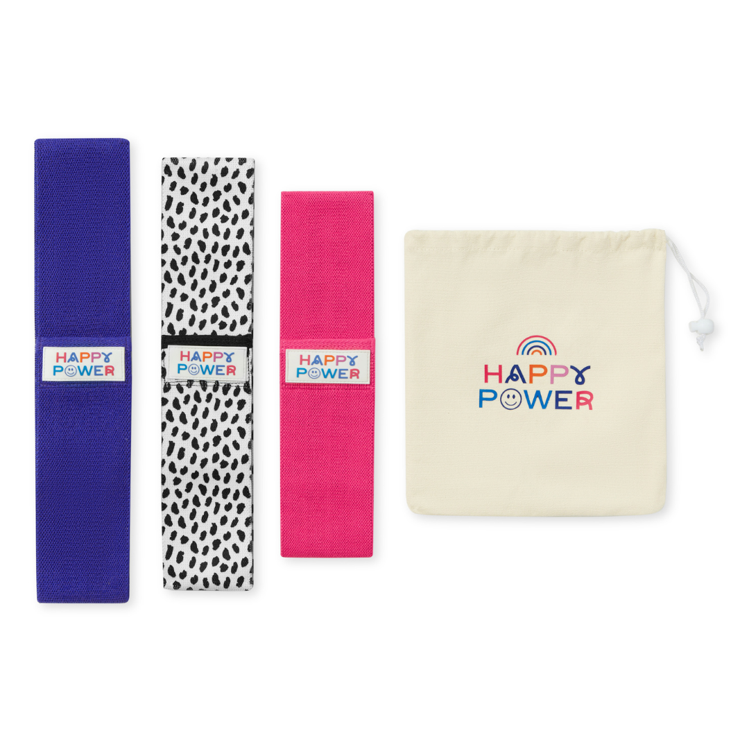 One blue, one pink and one white with black dots resistance bands with Happy Power logo,with canvas bag.